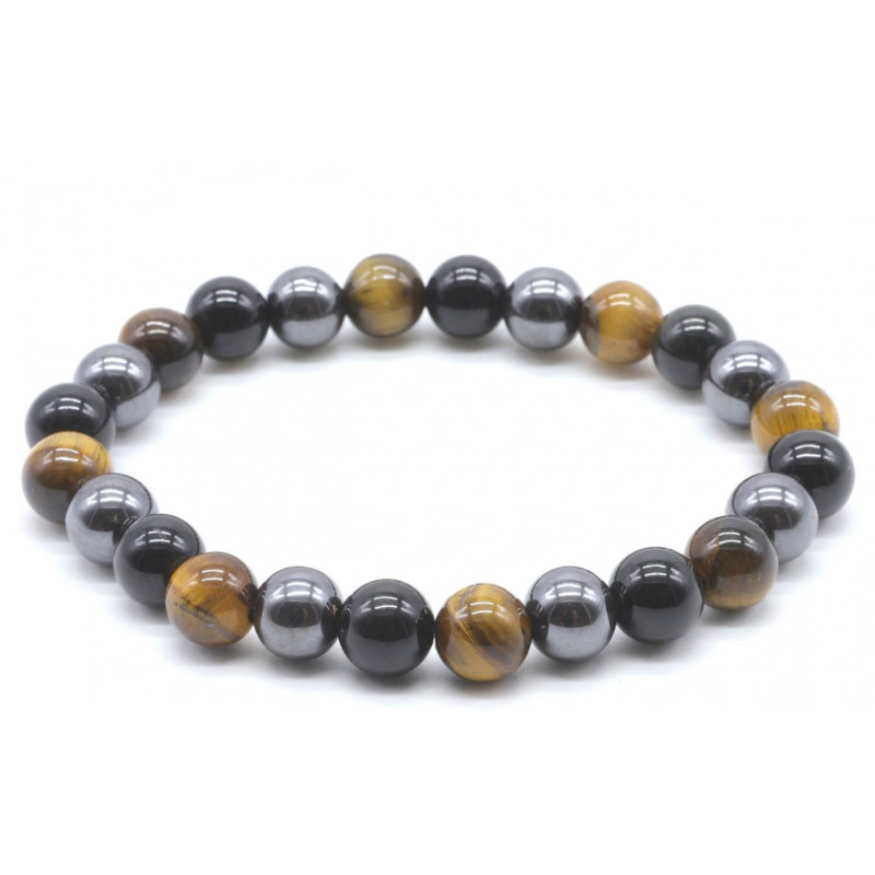 Bracelet Protections Œil de tigre , Hématite , Obsidienne Noire Bracelet Protections Œil de tigre , Hématite , Obsidienne Noire